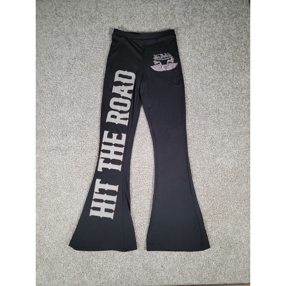 Von Dutch Flare Leggings Small Black Womens Y2K Pull On Stretch Retro Hipster